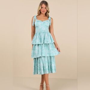 Lovely Bliss Aqua Floral Jacquard Strapless Bustier Midi Dress